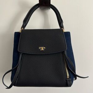 Tory Burch Half Moon Petite Mixed Material Satchel. Blue and Black.